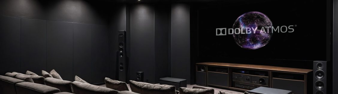 A modern home theater setup featuring a sleek black design and premium audio system