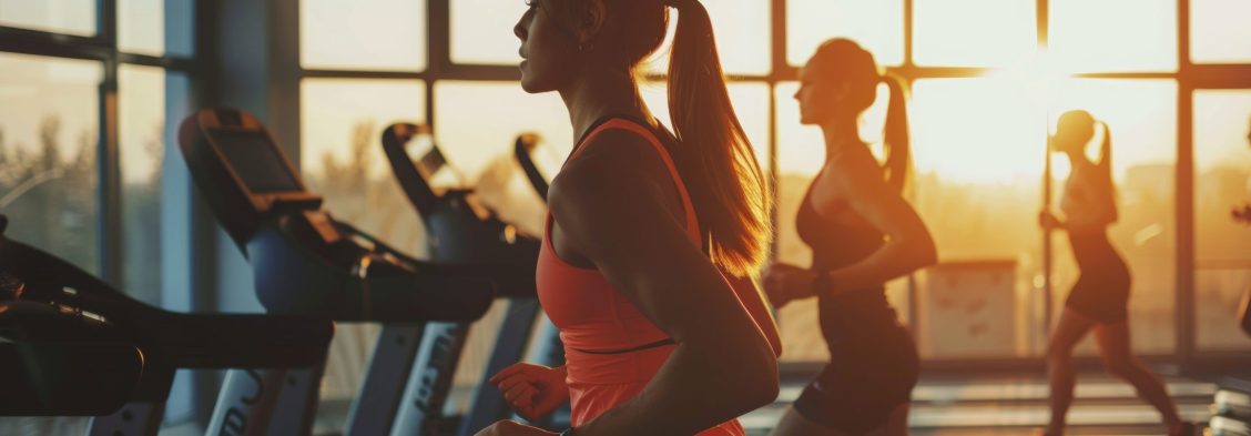 Women exercising on treadmills in a gym with large windows, illuminated by sunlight streaming in during the morning. Wide web banner